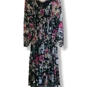 Kate & Lily Size 14 Petite Black Floral 42" Long Sleeve Peasant Dress